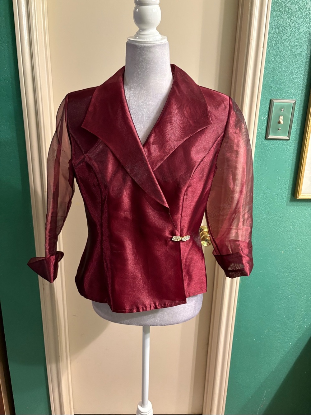 Alex Evenings Burgundy Organza-Sleeve Blazer